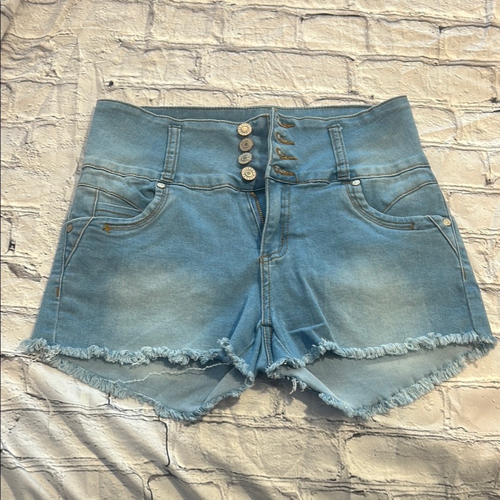 High Waist Blue Denim Shorts with Frayed Hem